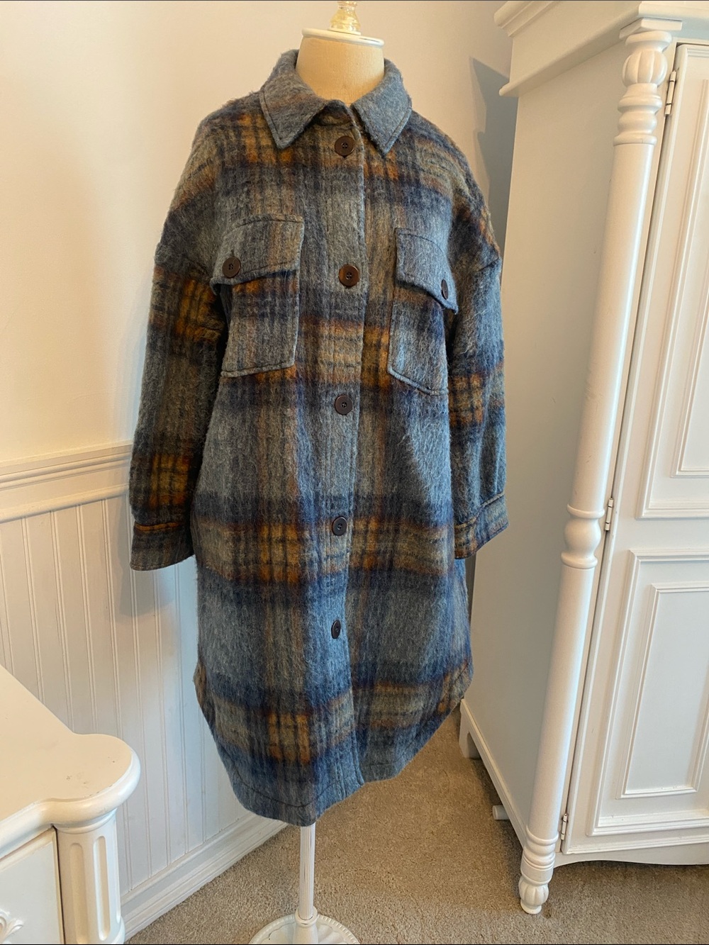 Zara Blue and Brown Plaid Wool-Blend Shacket Coat